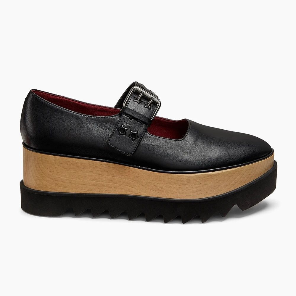 Stella McCartney Black Mary Jane Platform Wedges with Wood-Effect Midsole